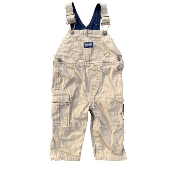 Vintage Y2K Oshkosh B'Gosh Baby Overalls 3-6M Tan Khaki Cargo - Picture 1 of 5